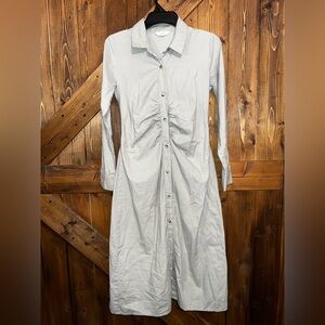 SIM & SAM Button Front Shirt Dress Medium Cotton Midi Ruched Long Sleeve